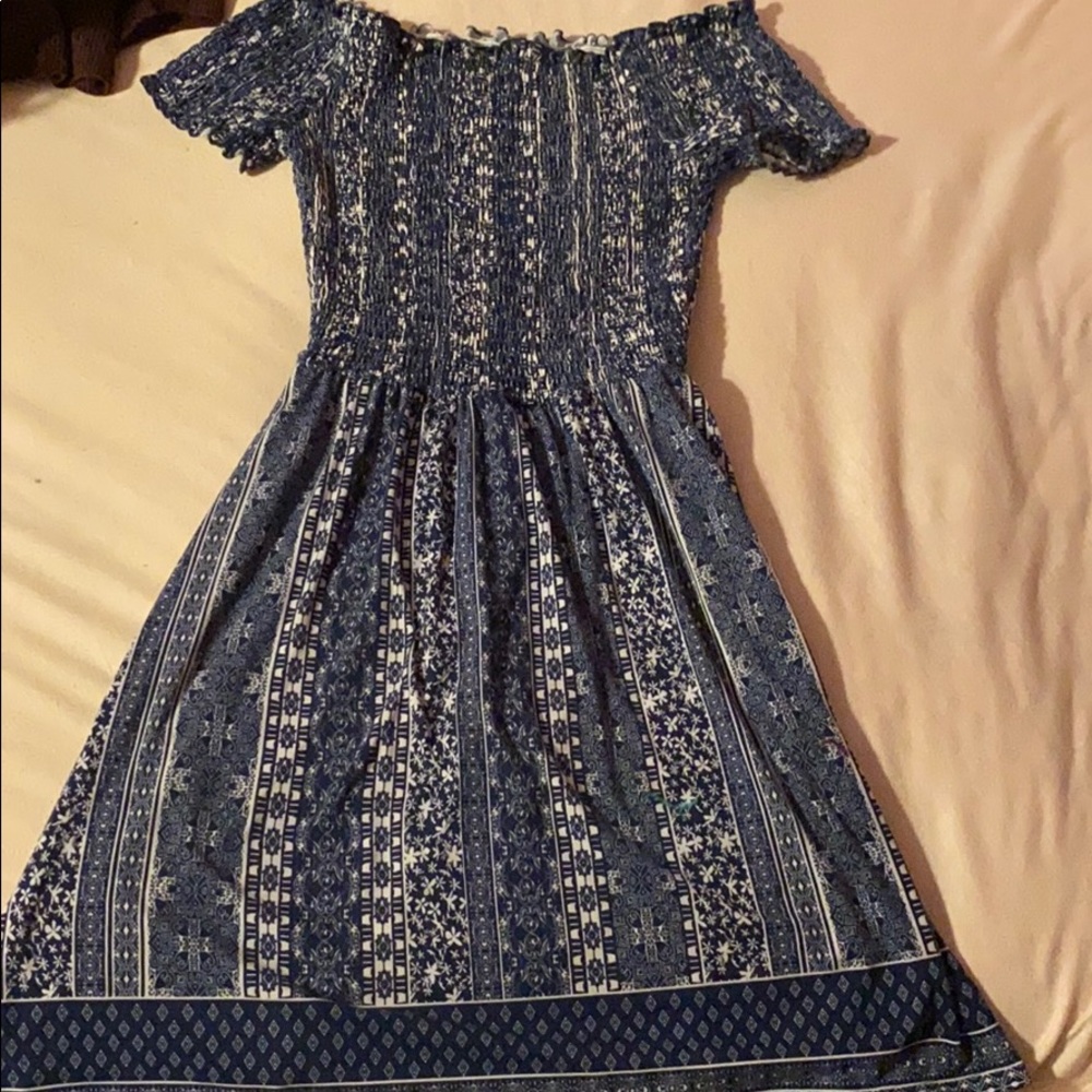 Blue and white off the shoulder dress